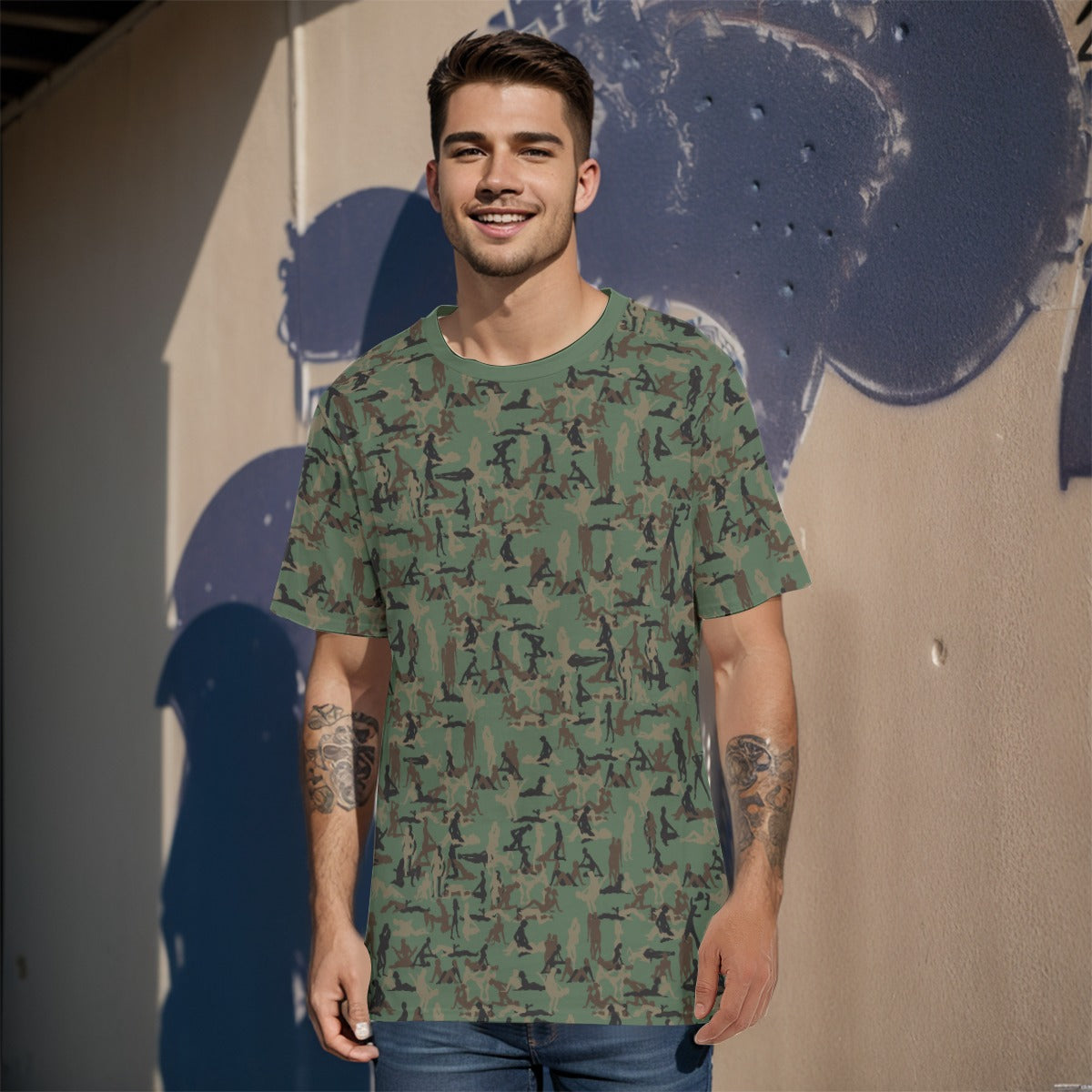 person standing and wearing a Kama Sutra Camouflage Sexy NSFW T-shirt