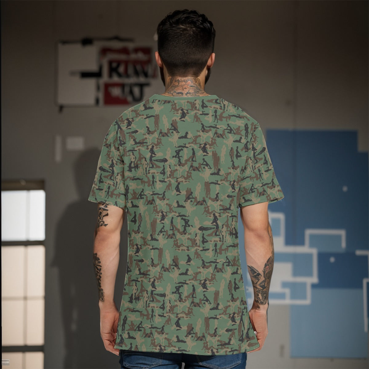 back of person in a Kama Sutra Camouflage Sexy NSFW T-shirt