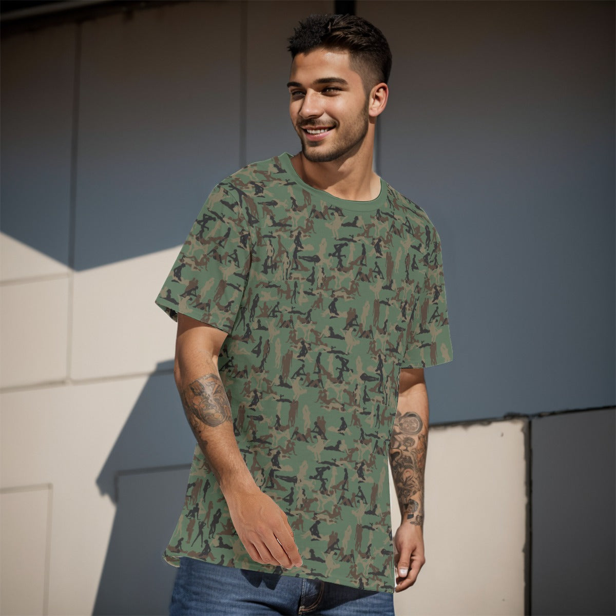 person standing and wearing a Kama Sutra Camouflage Sexy NSFW T-shirt