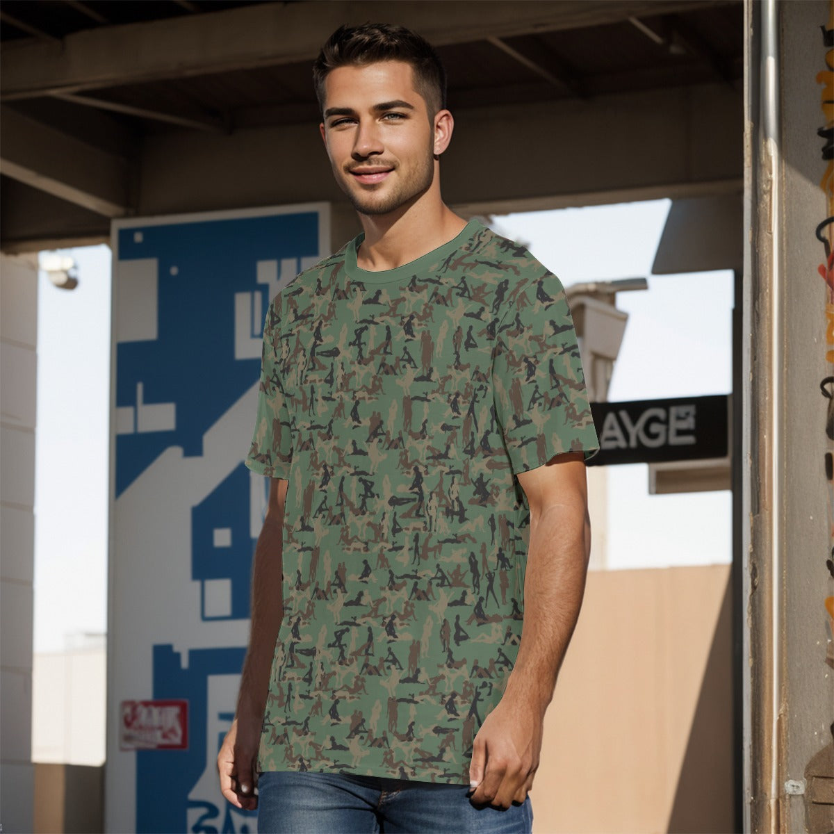 person standing and wearing a Kama Sutra Camouflage Sexy NSFW T-shirt
