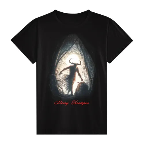Merry Krampus Black Cotton T-Shirt | Holiday Horror Fashion (Gildan Made In US)