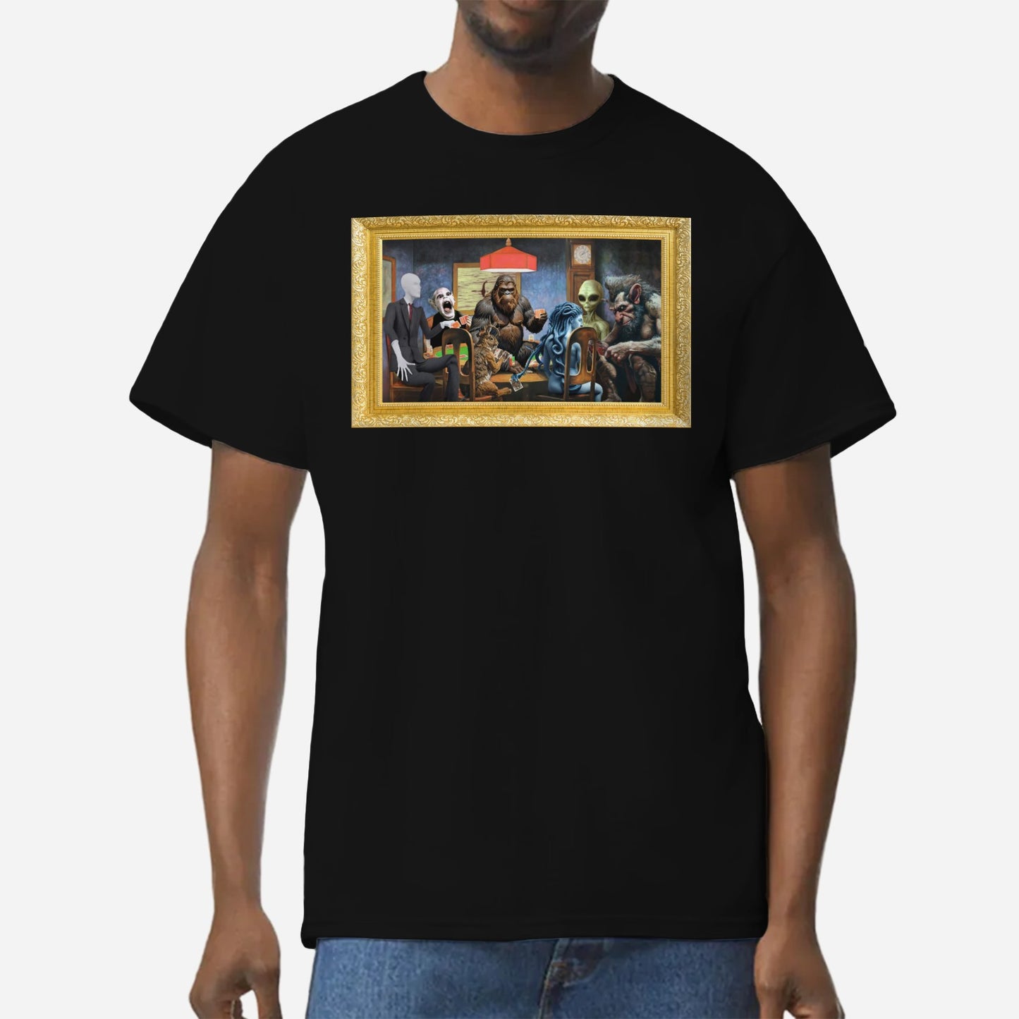 Cryptids Playing Poker T-Shirt | Bigfoot Loch Ness Monster Art Parody | Mythical Creatures Black Cotton Tee
