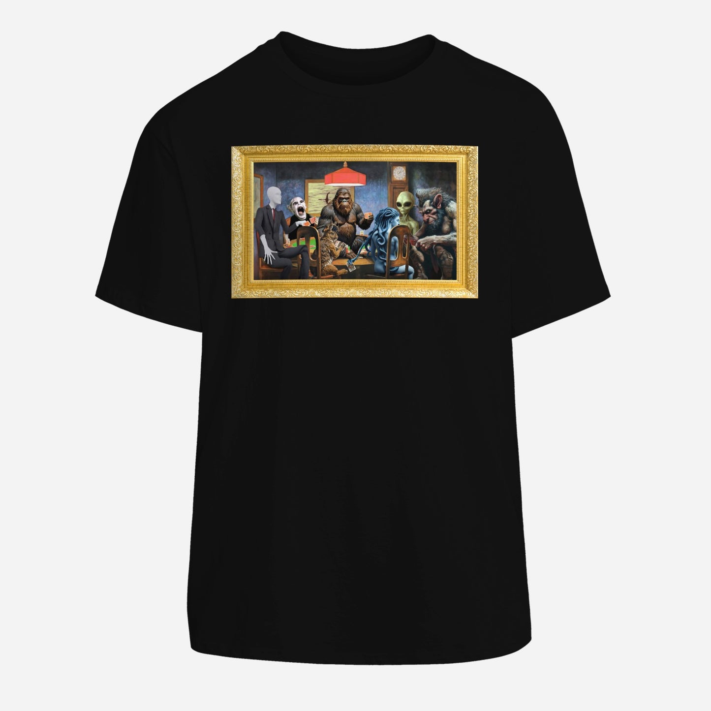 Cryptids Playing Poker T-Shirt | Bigfoot Loch Ness Monster Art Parody | Mythical Creatures Black Cotton Tee