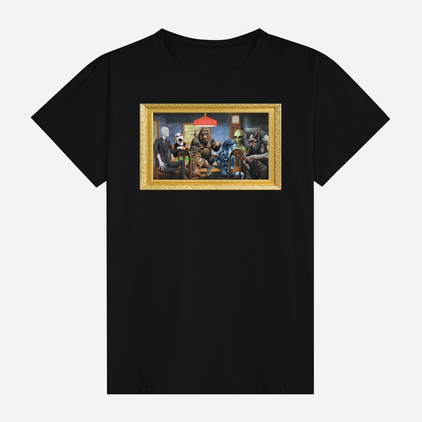 Cryptids Playing Poker T-Shirt | Bigfoot Loch Ness Monster Art Parody | Mythical Creatures Black Cotton Tee