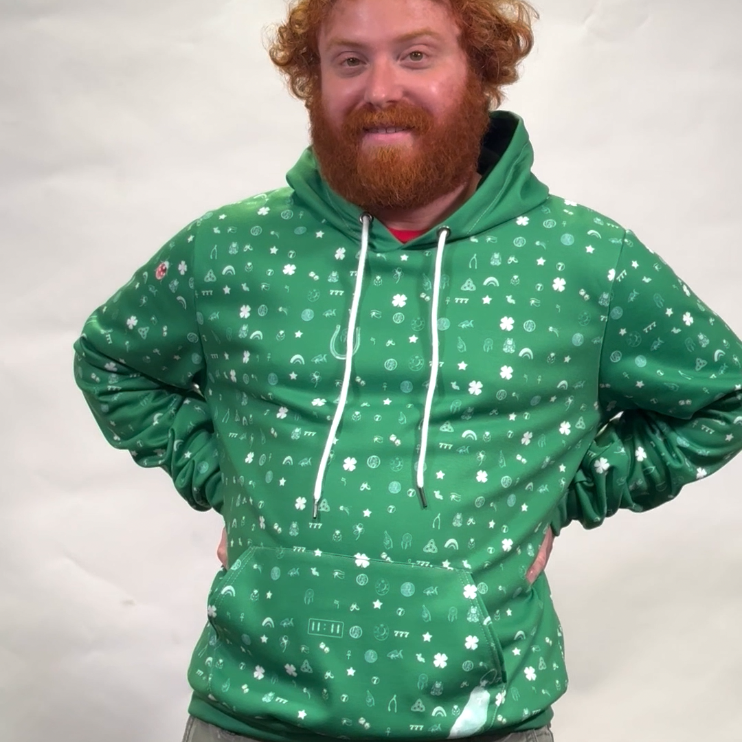 Lucky Hoodie | Men's Fleece Lined Pullover Hoodie with Luck from Horseshoes, Shamrocks, Shooting Stars