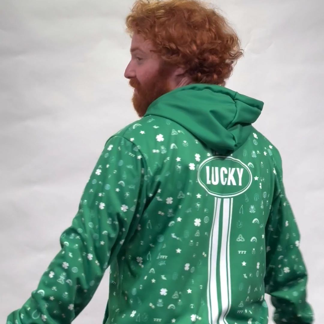 Lucky Hoodie | Men's Fleece Lined Pullover Hoodie with Luck from Horseshoes, Shamrocks, Shooting Stars
