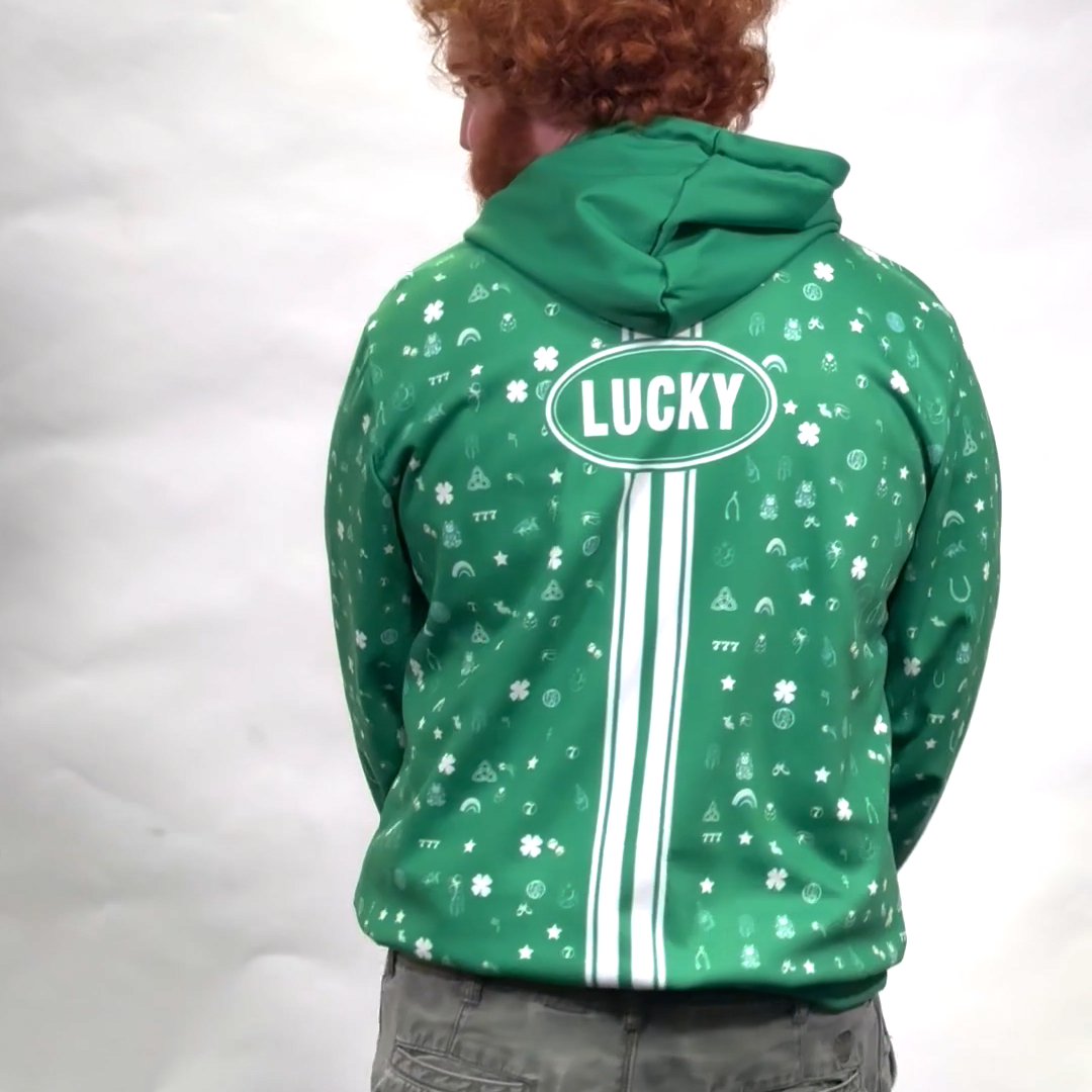 Lucky Hoodie | Men's Fleece Lined Pullover Hoodie with Luck from Horseshoes, Shamrocks, Shooting Stars