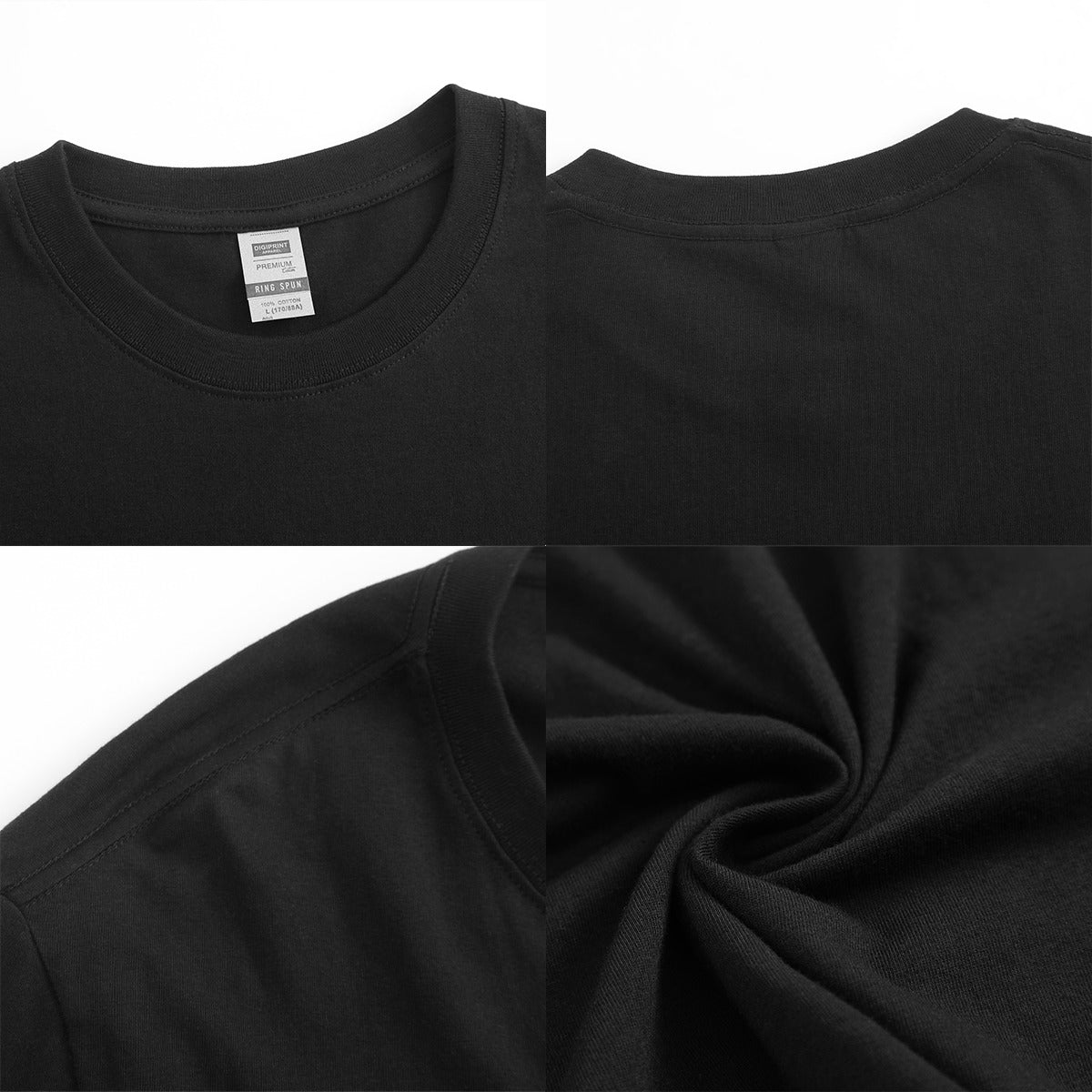Close-up of a black t-shirt with a tag and fabric texture on a white background