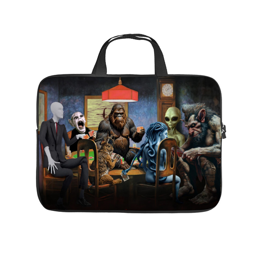 Complete view of mythical creatures laptop bag with multiple cryptid creatures,