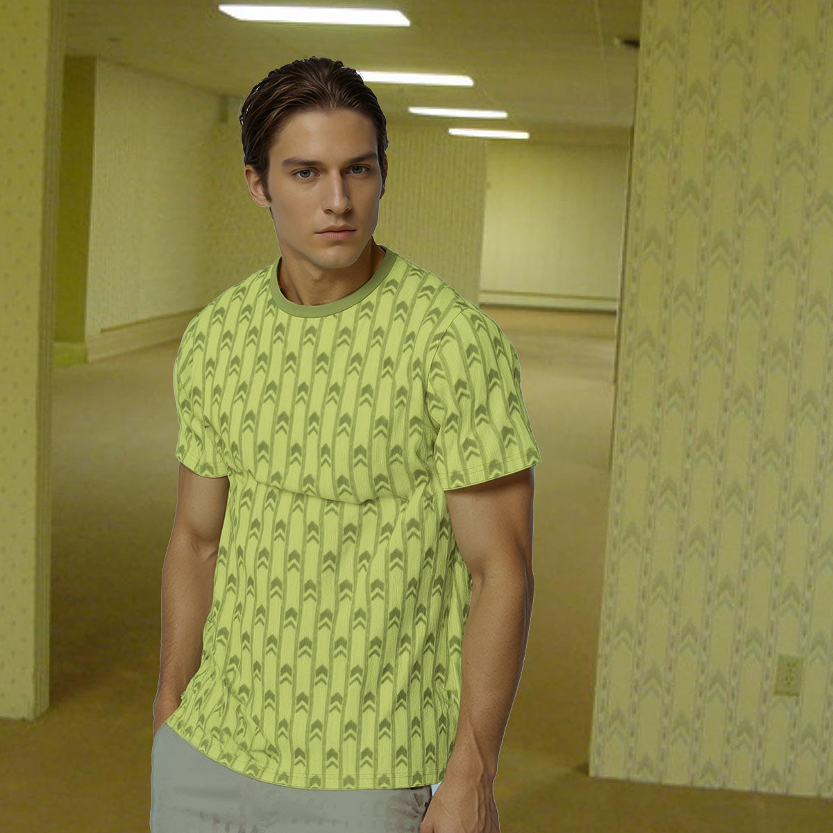 Backrooms Wallpaper T-Shirt | Liminal Spaces Yellow-Green Cotton Tee | Creepypasta Internet Culture Shirt