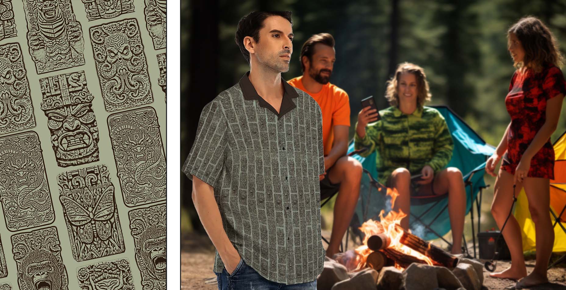 Tiki version of giant kaiju characters on a Hawaiian shirt