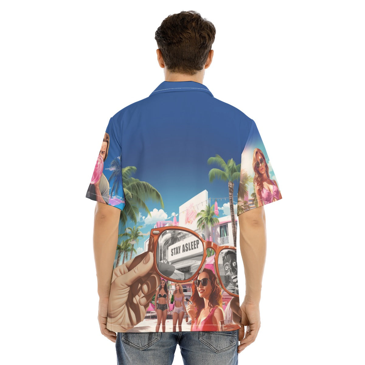 man wearing They Live Miami-flavored Hawaiian style button down shirt on white background, rear view.