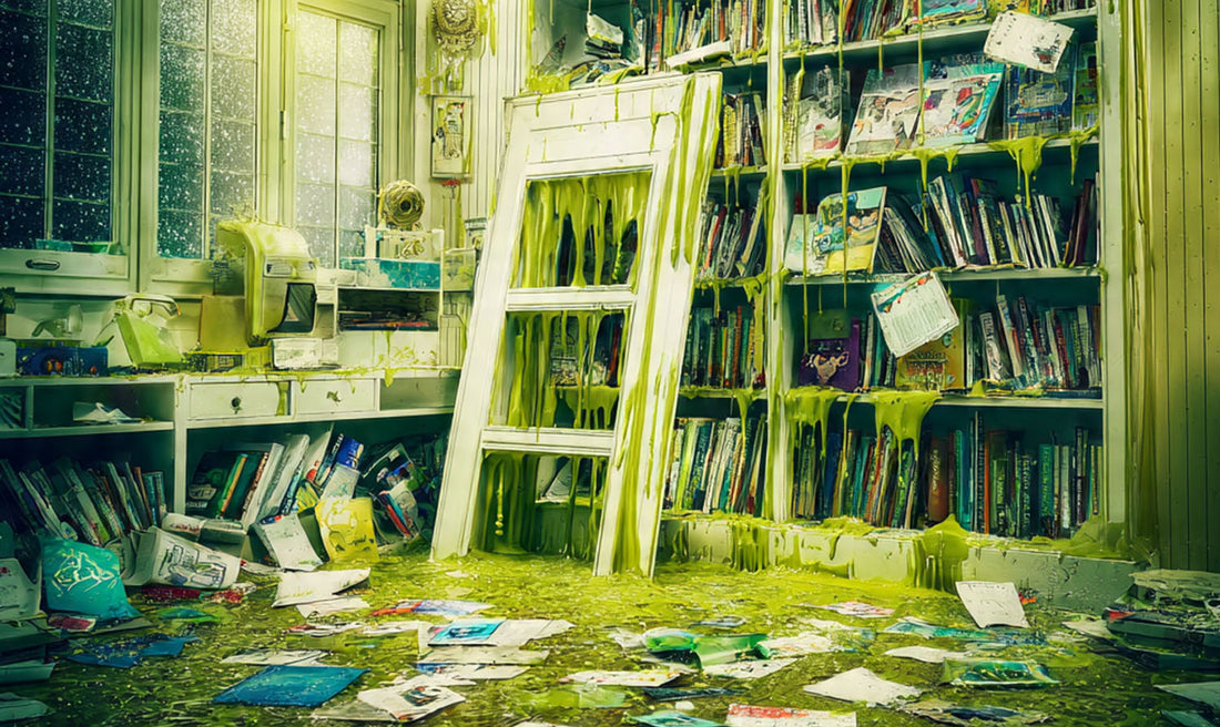A messy room with green slop everywhere