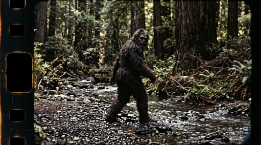 A blurry 1967-style film frame of Bigfoot walking across a creek bed and glancing back at the camera