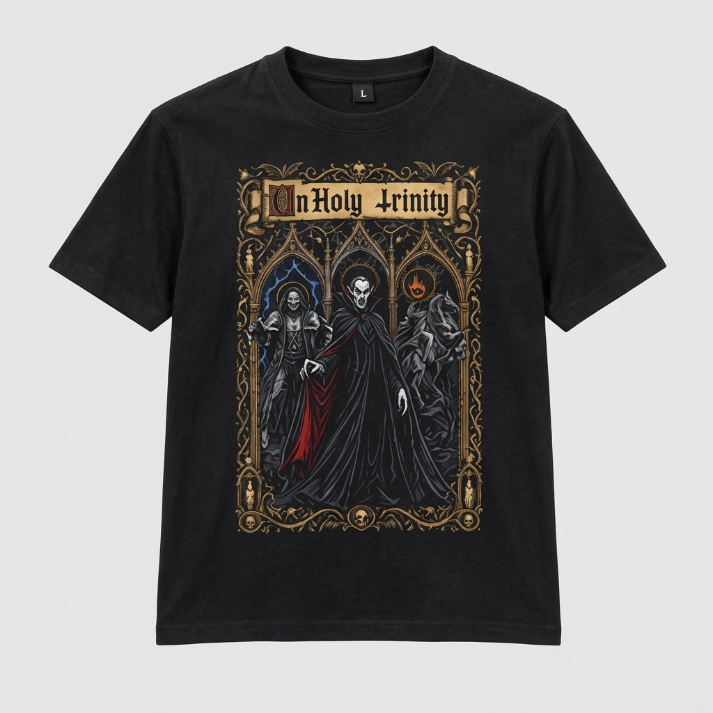 UnHoly Trinity T-Shirt | Dracula, Frankenstein & Headless Horseman Gothic Horror Tee