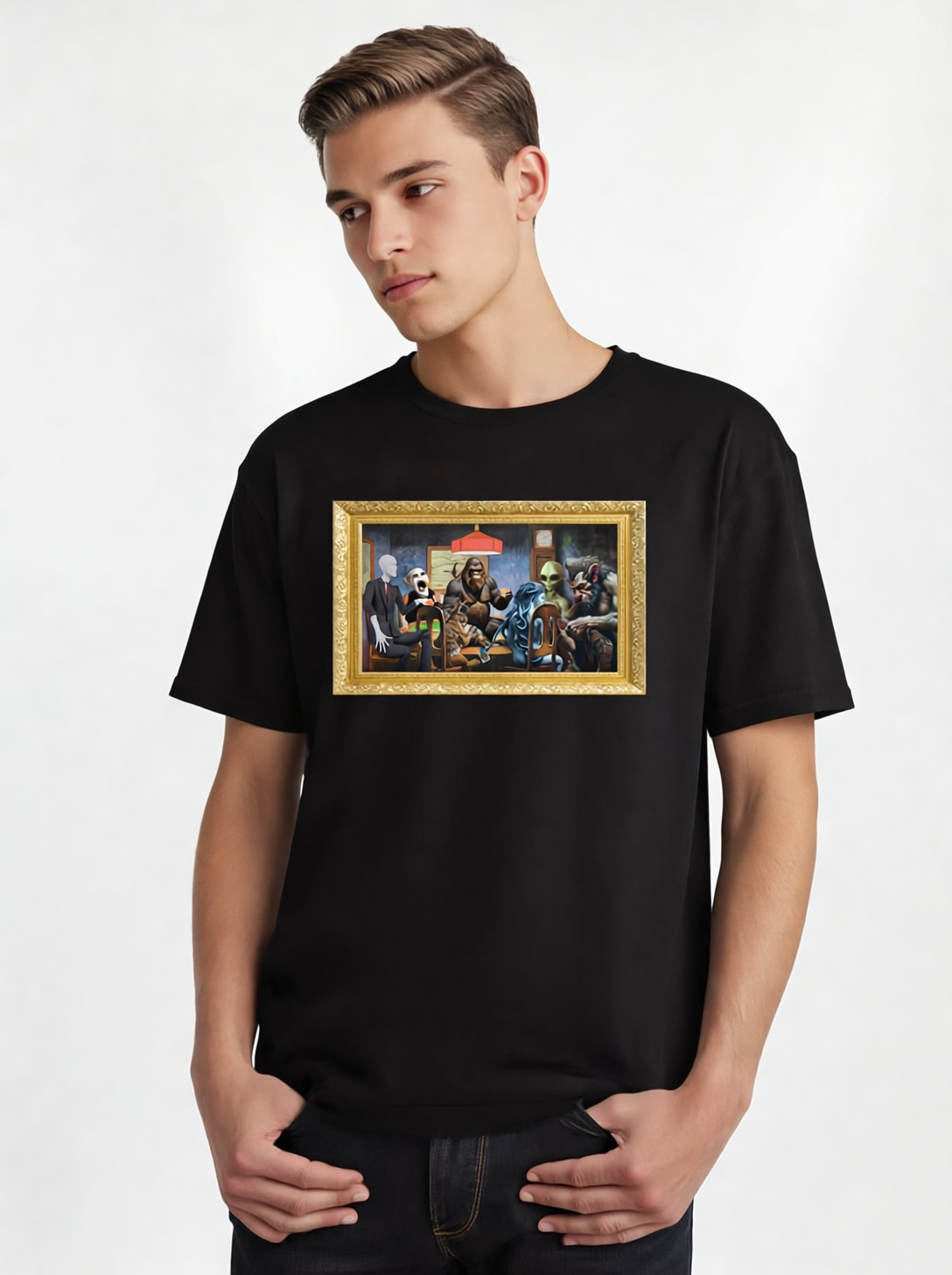 Cryptids Playing Poker T-Shirt | Bigfoot Loch Ness Monster Art Parody | Mythical Creatures Cotton Tee