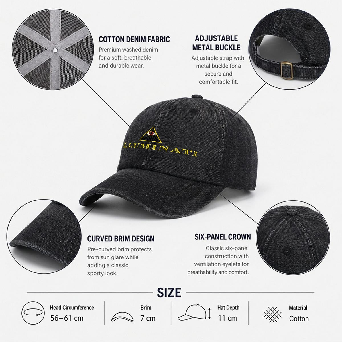 Illuminati Embroidered Baseball Cap | All-Seeing Eye Denim Hat