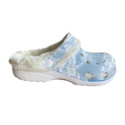 Cloud Nine Fleece-Lined Clogs | Cozy Cloud Print Slip-On Lounge Shoes