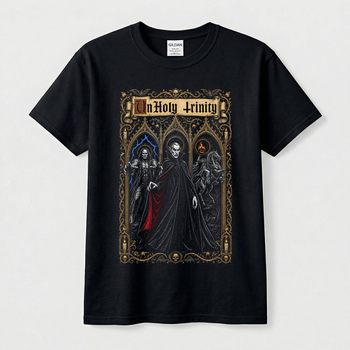 UnHoly Trinity black t-shirt with Dracula, Frankenstein's creature and the Headless Horseman in a gold gothic triptych