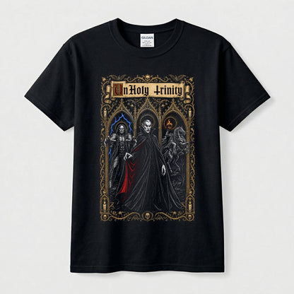 UnHoly Trinity black t-shirt with Dracula, Frankenstein's creature and the Headless Horseman in a gold gothic triptych