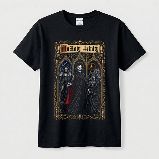UnHoly Trinity black t-shirt with Dracula, Frankenstein's creature and the Headless Horseman in a gold gothic triptych