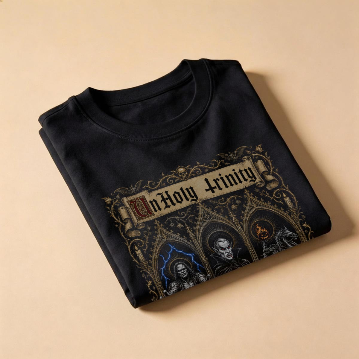 Folded UnHoly Trinity t-shirt showing the illuminated banner with inverted cross T