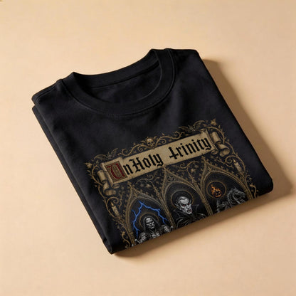 Folded UnHoly Trinity t-shirt showing the illuminated banner with inverted cross T