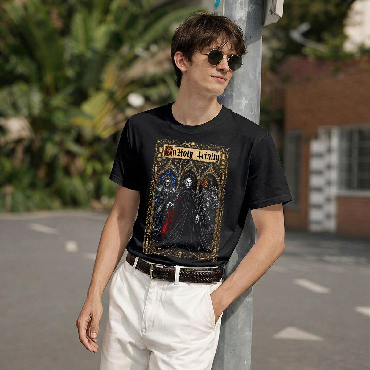 UnHoly Trinity Halloween horror t-shirt worn on a city street