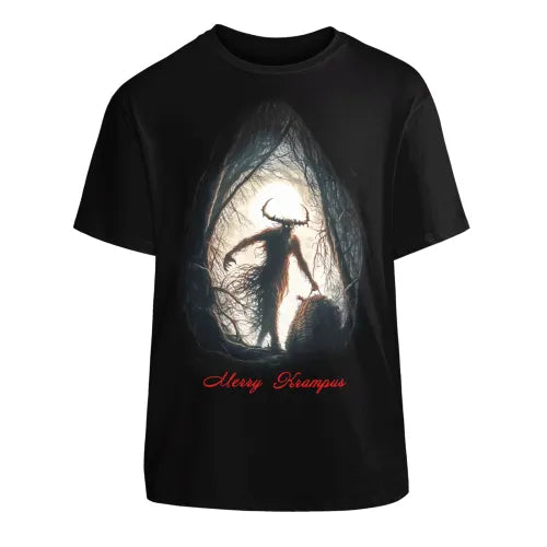 Merry Krampus Black Cotton T-Shirt | Holiday Horror Fashion (Gildan Made In US)