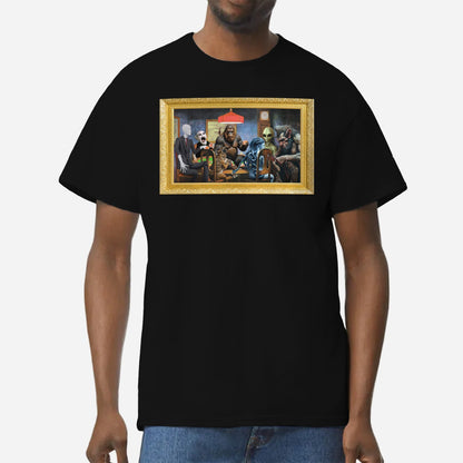 Cryptids Playing Poker T-Shirt | Bigfoot Loch Ness Monster Art Parody | Mythical Creatures Black Cotton Tee