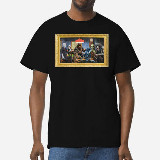 Cryptids Playing Poker T-Shirt | Bigfoot Loch Ness Monster Art Parody | Mythical Creatures Black Cotton Tee