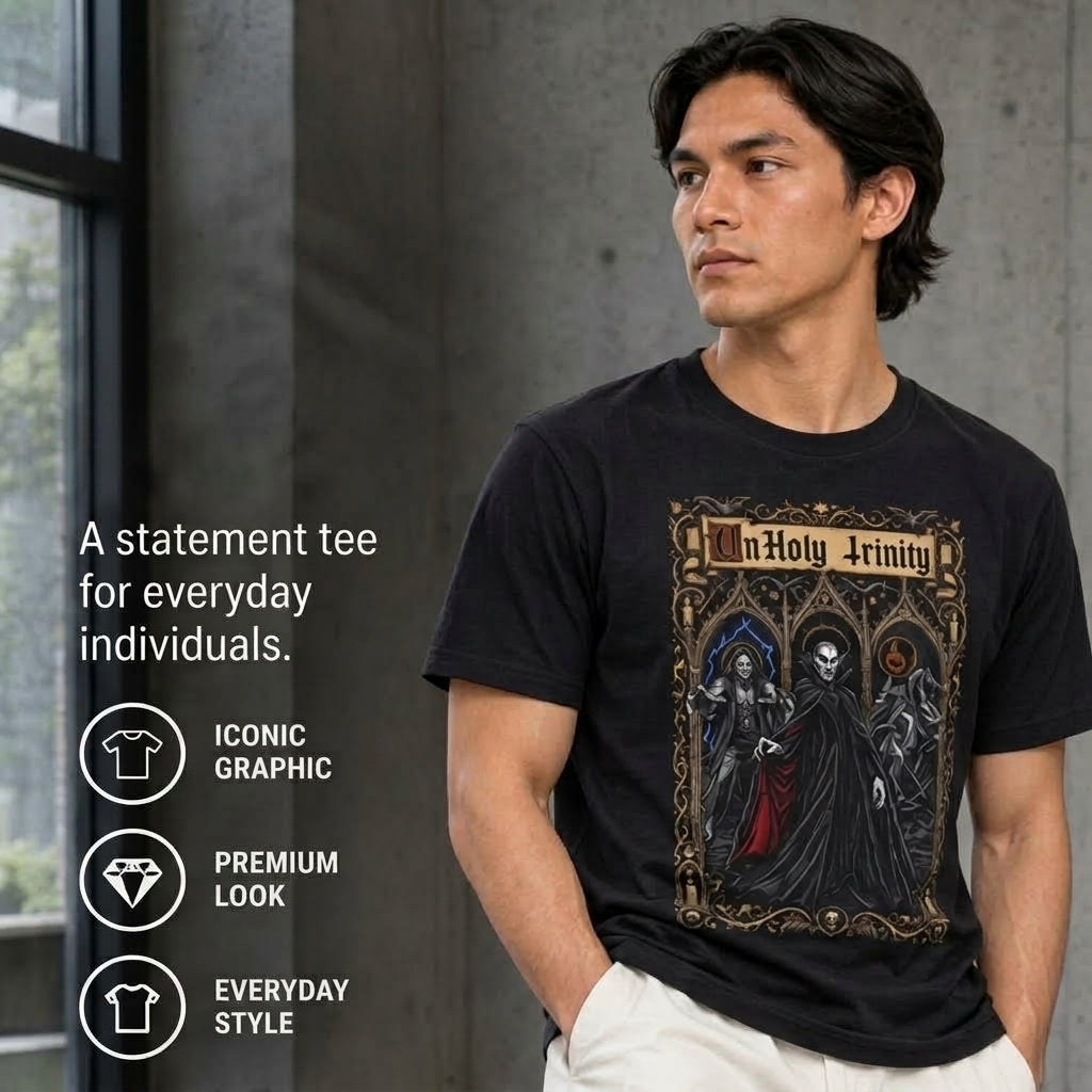 UnHoly Trinity T-Shirt | Dracula, Frankenstein & Headless Horseman Gothic Horror Tee