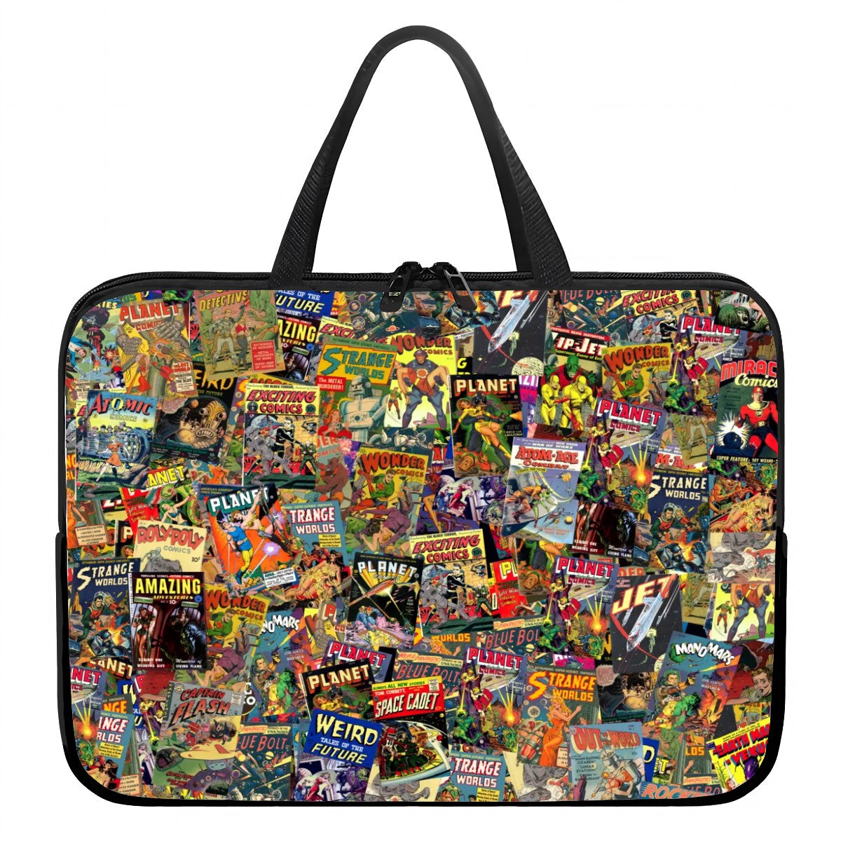laptop bag featuring retro scifi comi bok covers