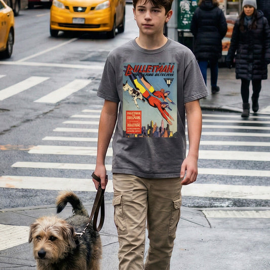 Bulletdog Golden Age Comic T-shirt - Vintage Superhero Dog Tee
