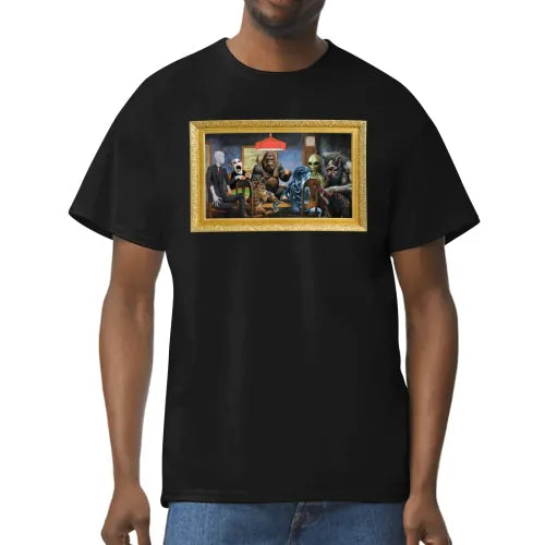 Someone wearing Cryptid "Dogs Playing Poker" painting parody shirt front