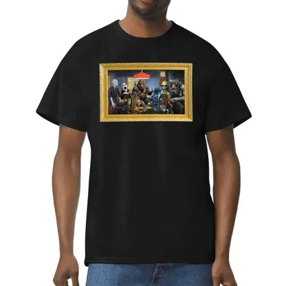 Someone wearing Cryptid "Dogs Playing Poker" painting parody shirt front