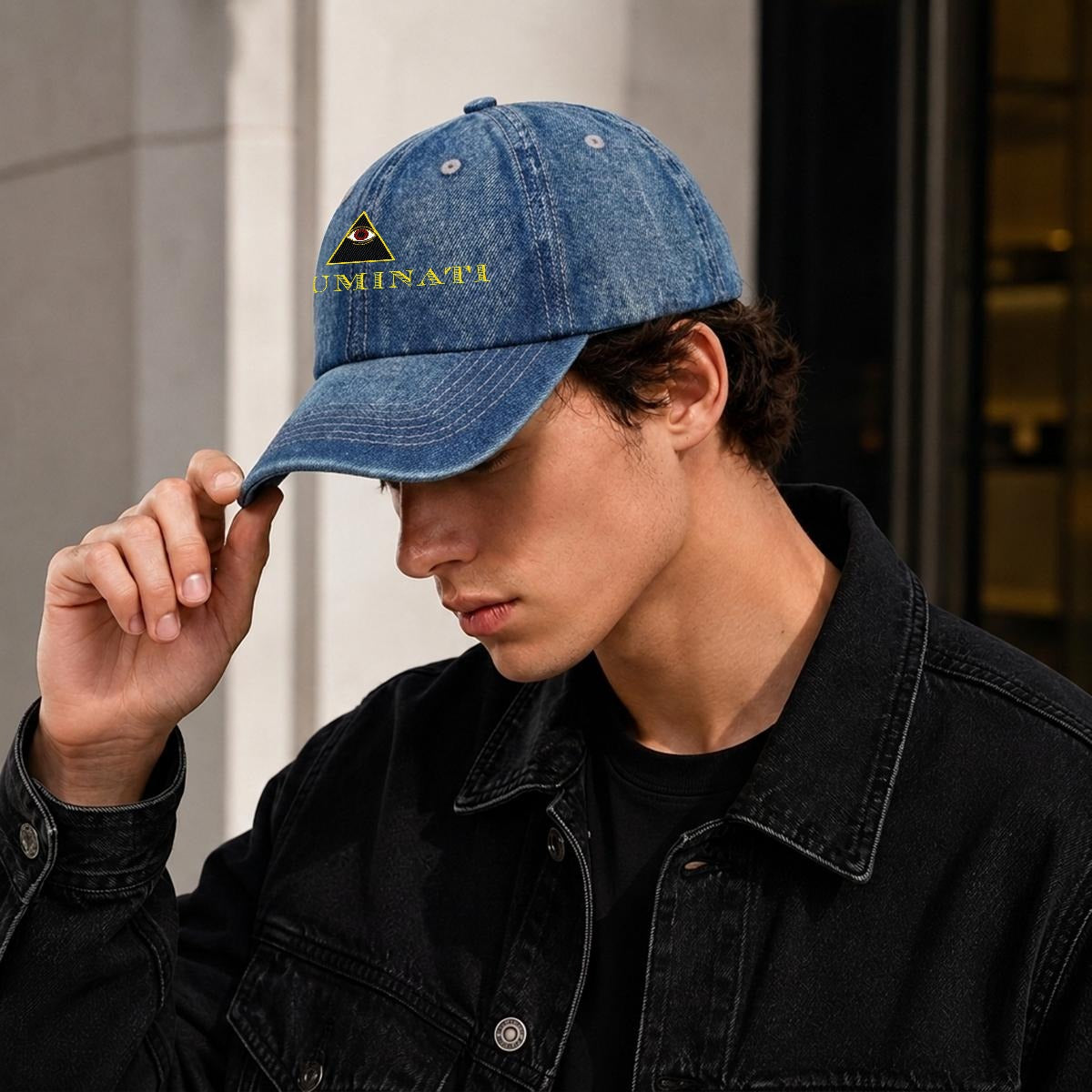 Illuminati Embroidered Baseball Cap | All-Seeing Eye Denim Hat