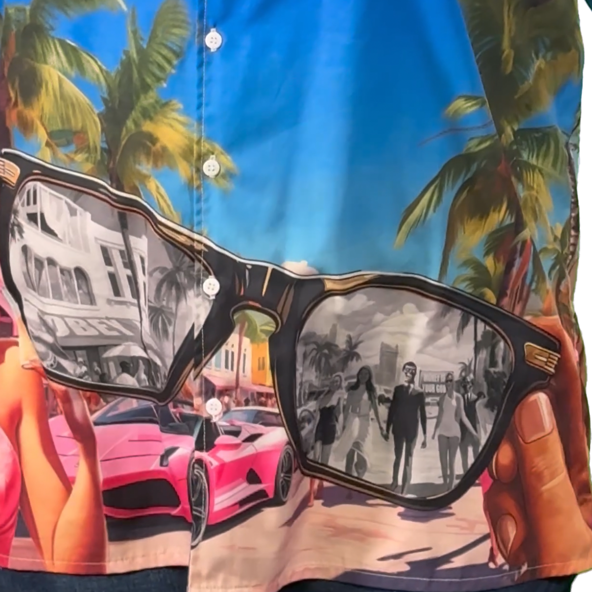 close-up view of "They Live" Miami-flavored Hawaiian style button down shirt at beach