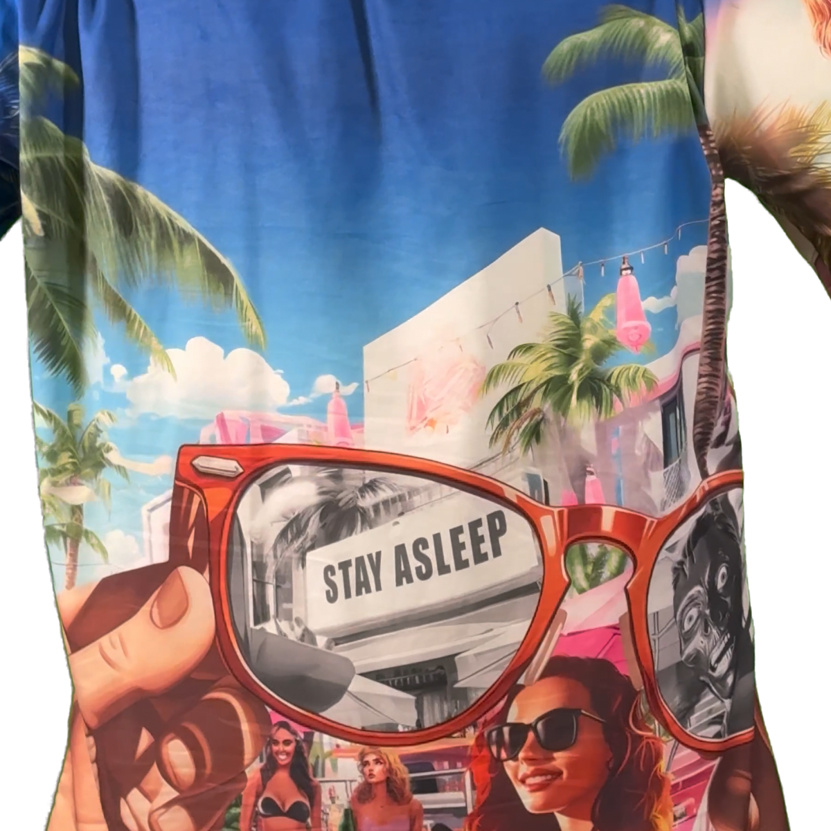 close up of back of They Live Miami-flavored Hawaiian style button down shirt