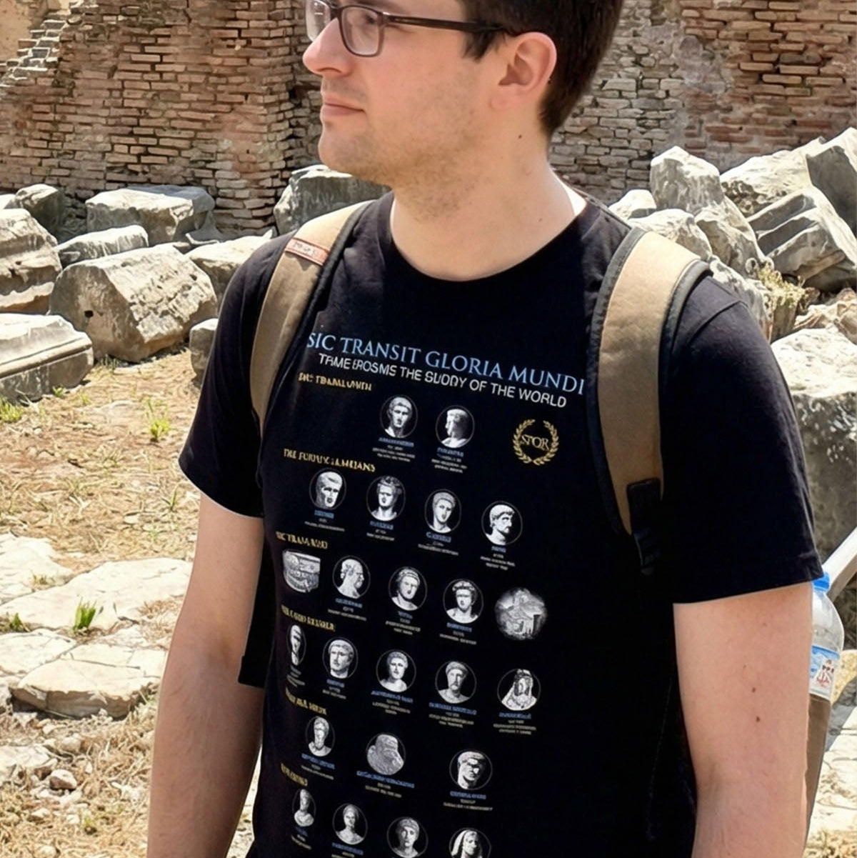 Tourist wearing the black t-shirt with printed design t-shirt in an archaeological site