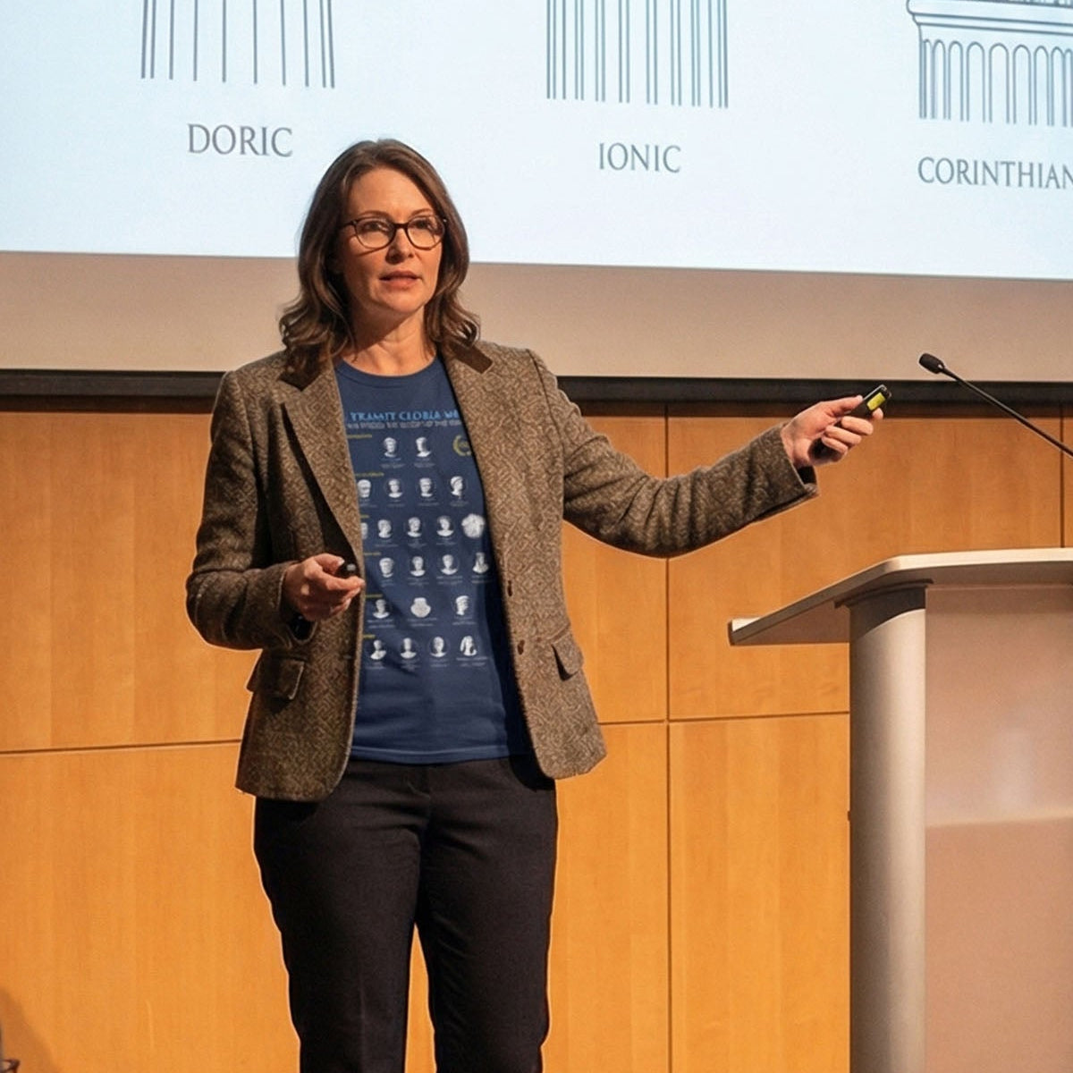Woman giving a presentation on a stage wearing the guide to 21 Roman Emperors 