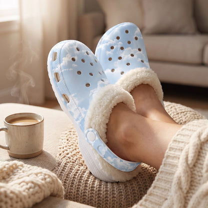Cloud Nine Fleece-Lined Clogs | Cozy Cloud Print Slip-On Lounge Shoes