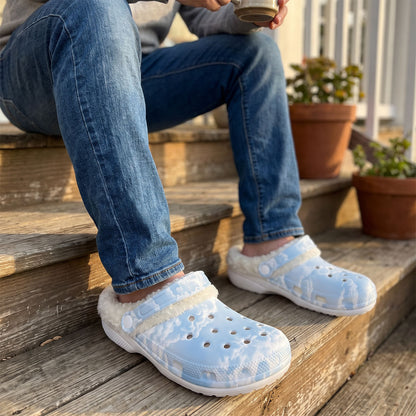 Cloud Nine Fleece-Lined Clogs | Cozy Cloud Print Slip-On Lounge Shoes