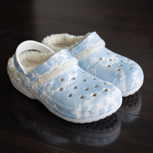 Cloud Nine Fleece-Lined Clogs | Cozy Cloud Print Slip-On Lounge Shoes