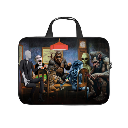 Complete view of mythical creatures laptop bag with multiple cryptid creatures, 