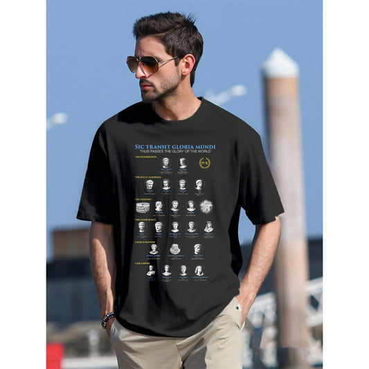 Black Roman Empire history t-shirt worn by model, showing complete visual guide to Western Roman emperors with SPQR laurel wreath, Colosseum, and Pompeii illustrations