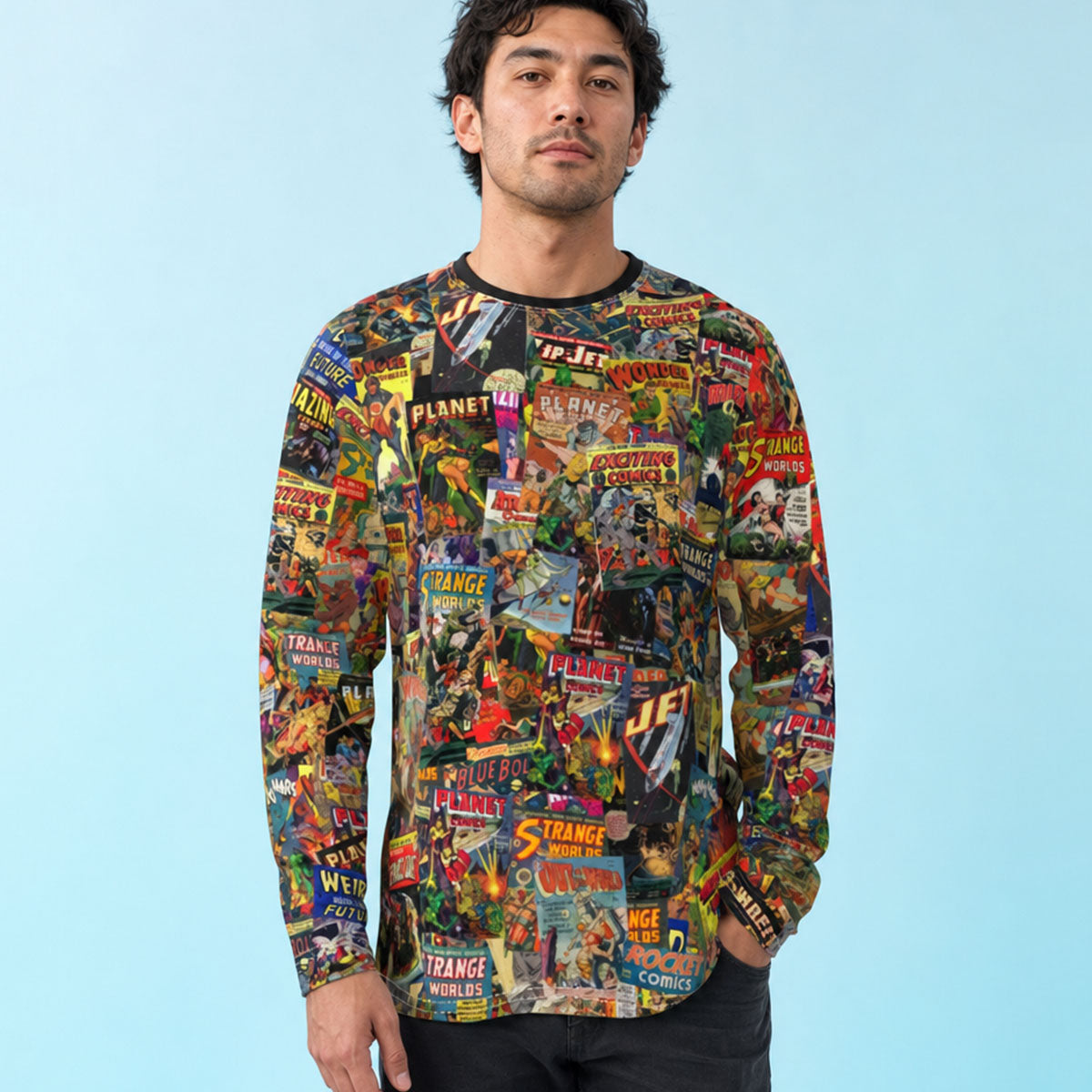 Sci-Fi Comics Long Sleeve Tee | Golden Age Ray-Gun & Rocket All-Over Print