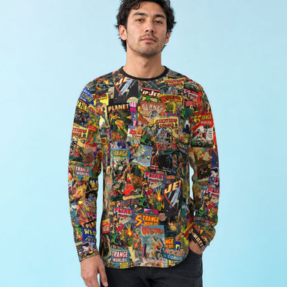 Sci-Fi Comics Long Sleeve Tee | Golden Age Ray-Gun & Rocket All-Over Print
