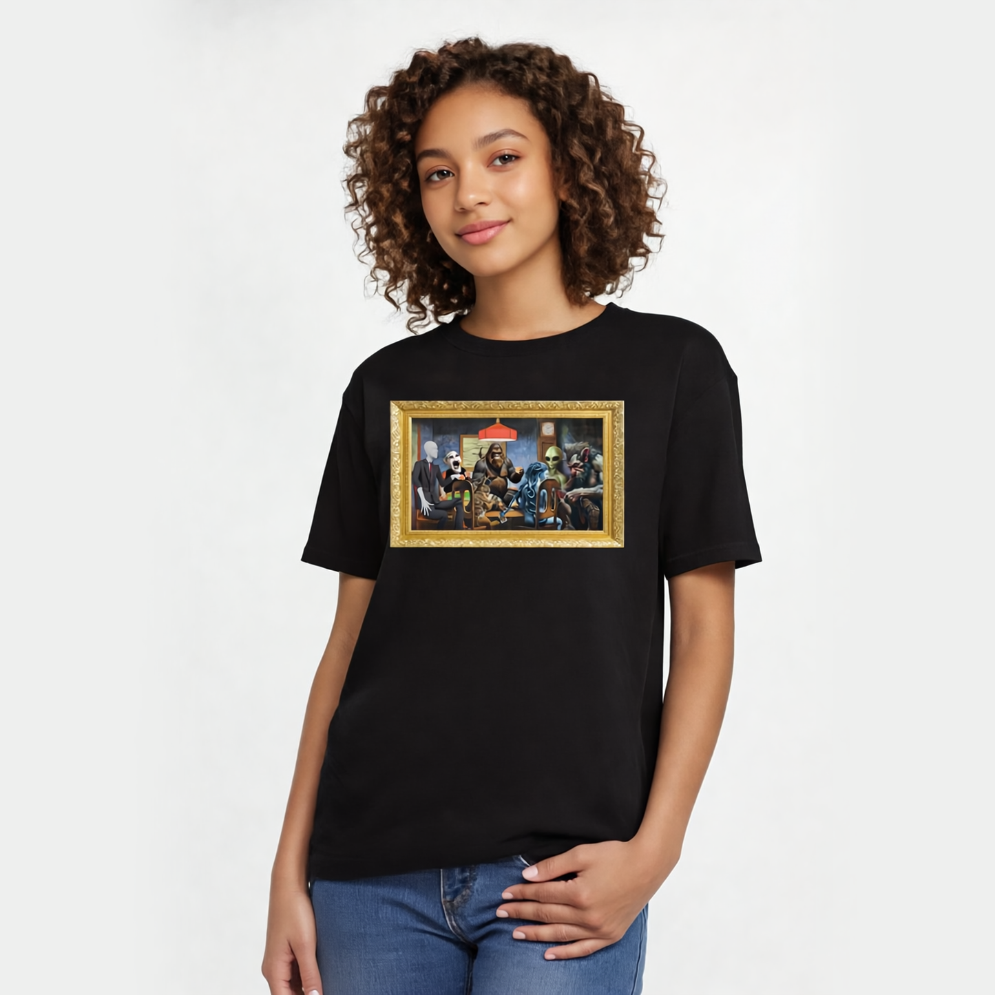 Cryptids Playing Poker T-Shirt | Bigfoot Loch Ness Monster Art Parody | Mythical Creatures Cotton Tee