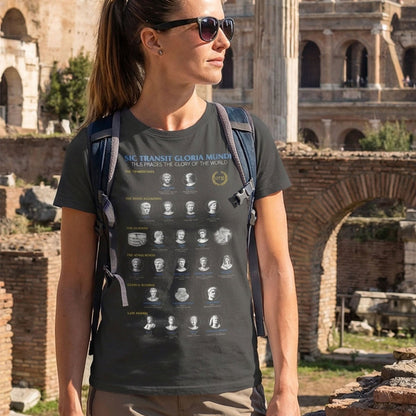 Woman standing in front of the Colosseum wearing a gray t-shirt with design and a backpack.